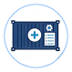 A shipping container with a plus (+) symbol and a small gear or checklist inside
