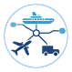 A central hub branching into three transport modes: cargo ship, airplane, and truck